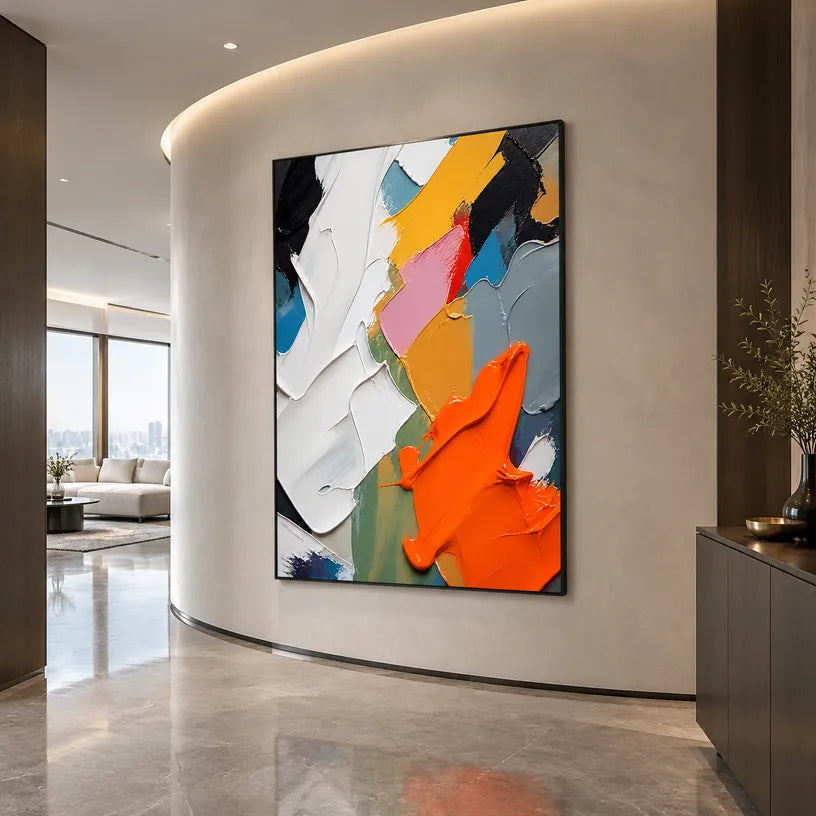 Abstract Expressionist abstract oil painting showing layered abstract marks, texture and expressive painterly movement.