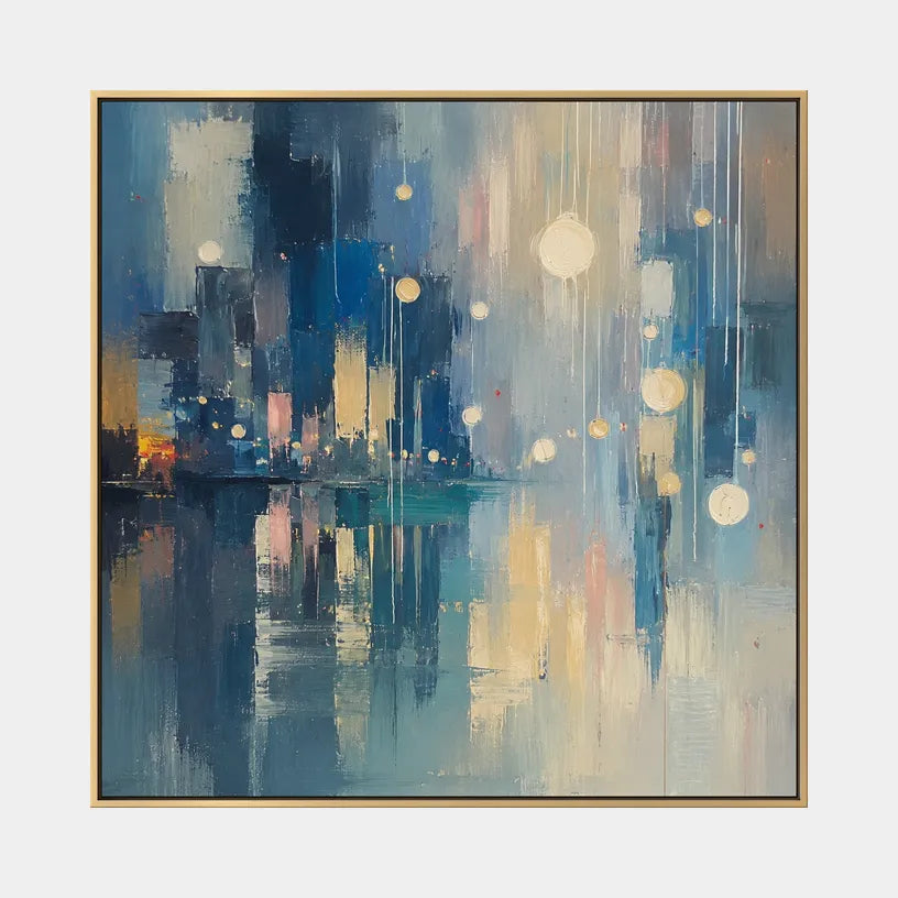 Abstract Expressionist landscapes & seascapes & cityscapes oil painting showing a blue cityscape with glowing reflections in a blue palette, contemporary wall art.