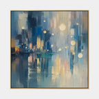 Abstract Expressionist landscapes & seascapes & cityscapes oil painting showing a blue cityscape with glowing reflections in a blue palette, contemporary wall art.