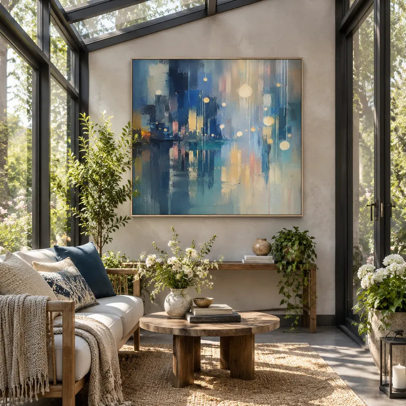 Abstract Expressionist landscapes & seascapes & cityscapes oil painting showing a blue cityscape with glowing reflections in a blue palette, contemporary wall art.