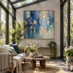 Abstract Expressionist landscapes & seascapes & cityscapes oil painting showing a blue cityscape with glowing reflections in a blue palette, contemporary wall art.