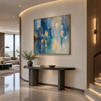Abstract Expressionist landscapes & seascapes & cityscapes oil painting showing a blue cityscape with glowing reflections in a blue palette, contemporary wall art.