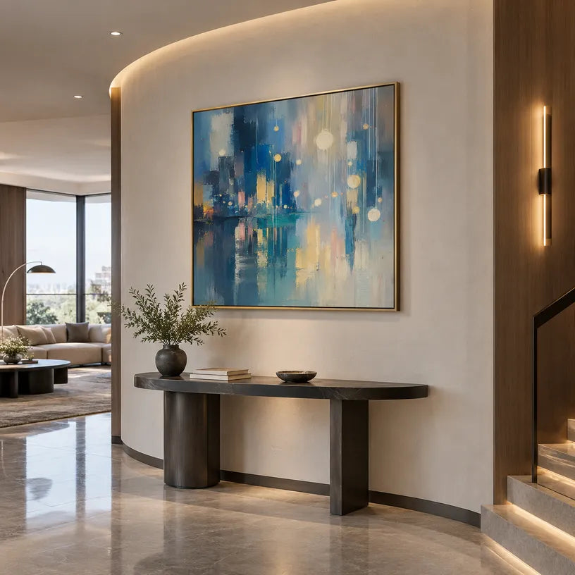 Abstract Expressionist landscapes & seascapes & cityscapes oil painting showing a blue cityscape with glowing reflections in a blue palette, contemporary wall art.