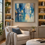 Abstract Expressionist landscapes & seascapes & cityscapes oil painting showing a blue cityscape with glowing reflections in a blue palette, contemporary wall art.