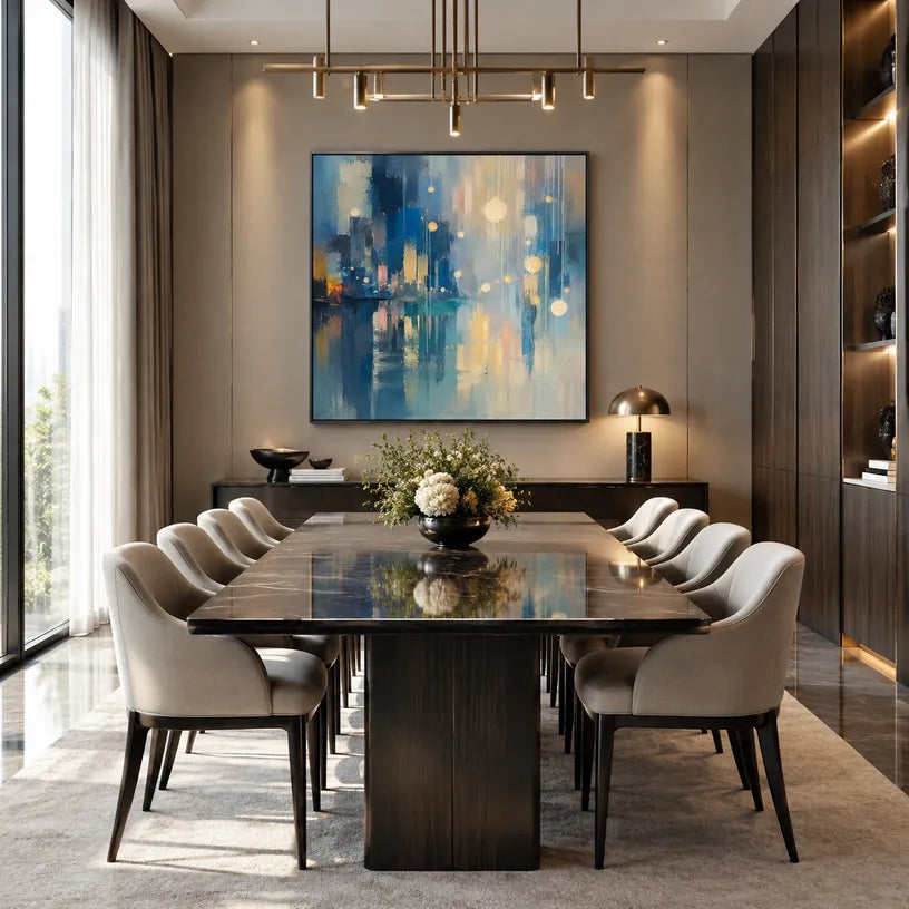 Abstract Expressionist landscapes & seascapes & cityscapes oil painting showing a blue cityscape with glowing reflections in a blue palette, contemporary wall art.