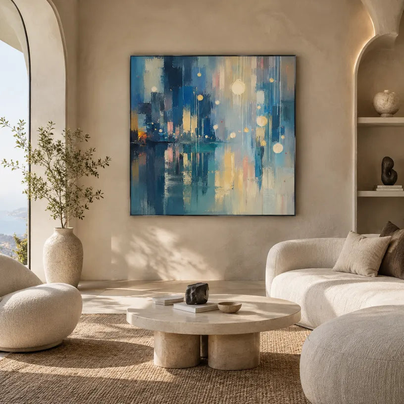 Abstract Expressionist landscapes & seascapes & cityscapes oil painting showing a blue cityscape with glowing reflections in a blue palette, contemporary wall art.