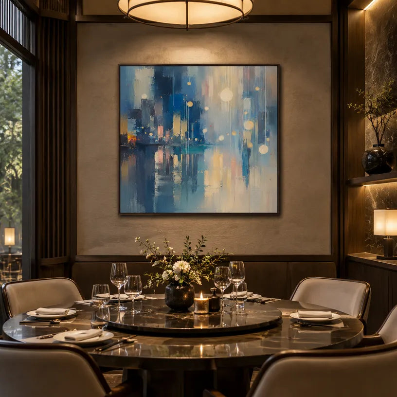 Abstract Expressionist landscapes & seascapes & cityscapes oil painting showing a blue cityscape with glowing reflections in a blue palette, contemporary wall art.