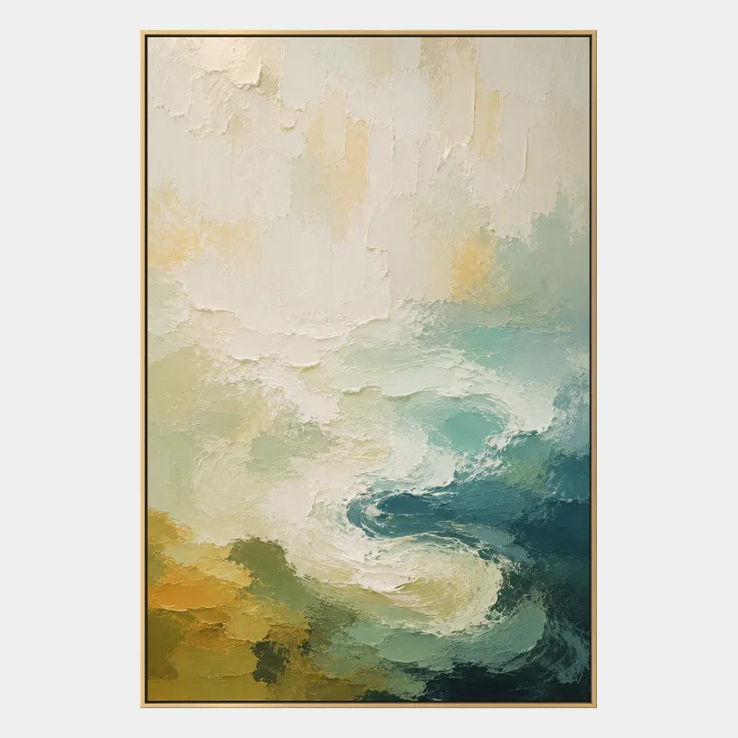 Abstract Expressionist landscapes & seascapes & cityscapes oil painting showing a painterly landscape with distant hills, trees or reflective water in a beige palette.