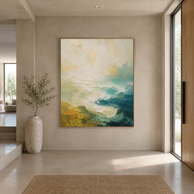 Abstract Expressionist landscapes & seascapes & cityscapes oil painting showing a painterly landscape with distant hills, trees or reflective water in a beige palette.