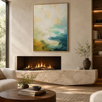 Abstract Expressionist landscapes & seascapes & cityscapes oil painting showing a painterly landscape with distant hills, trees or reflective water in a beige palette.