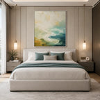 Abstract Expressionist landscapes & seascapes & cityscapes oil painting showing a painterly landscape with distant hills, trees or reflective water in a beige palette.