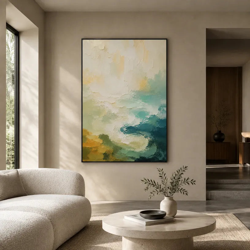 Abstract Expressionist landscapes & seascapes & cityscapes oil painting showing a painterly landscape with distant hills, trees or reflective water in a beige palette.