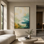 Abstract Expressionist landscapes & seascapes & cityscapes oil painting showing a painterly landscape with distant hills, trees or reflective water in a beige palette.