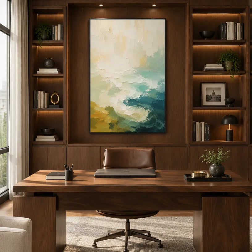 Abstract Expressionist landscapes & seascapes & cityscapes oil painting showing a painterly landscape with distant hills, trees or reflective water in a beige palette.