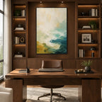 Abstract Expressionist landscapes & seascapes & cityscapes oil painting showing a painterly landscape with distant hills, trees or reflective water in a beige palette.