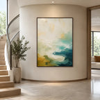 Abstract Expressionist landscapes & seascapes & cityscapes oil painting showing a painterly landscape with distant hills, trees or reflective water in a beige palette.