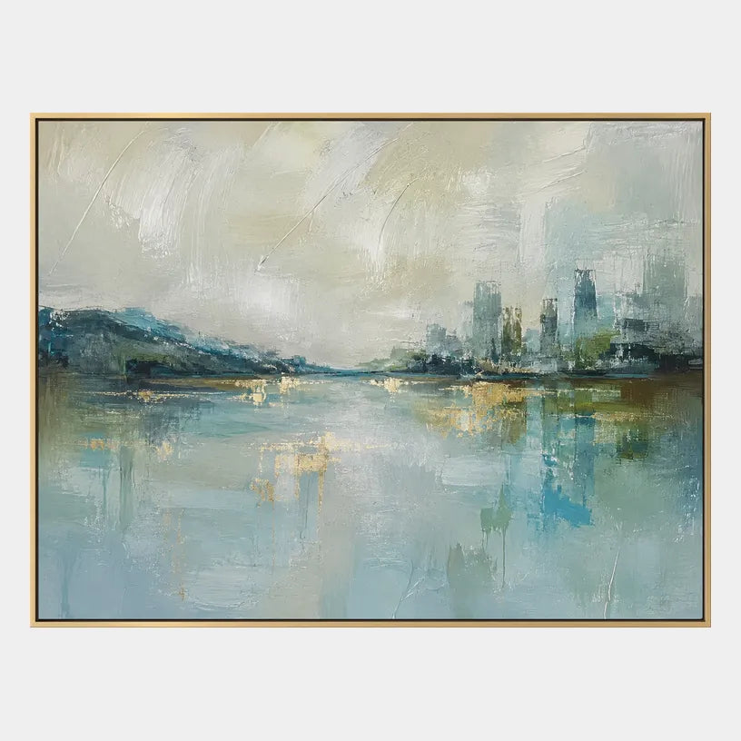 Abstract Expressionist landscapes & seascapes & cityscapes oil painting showing a blue waterfront skyline with soft reflections in a blue palette, contemporary wall art.