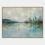 Abstract Expressionist landscapes & seascapes & cityscapes oil painting showing a blue waterfront skyline with soft reflections in a blue palette, contemporary wall art.