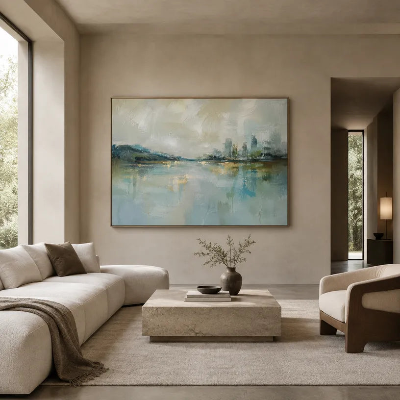 Abstract Expressionist landscapes & seascapes & cityscapes oil painting showing a blue waterfront skyline with soft reflections in a blue palette, contemporary wall art.