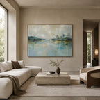 Abstract Expressionist landscapes & seascapes & cityscapes oil painting showing a blue waterfront skyline with soft reflections in a blue palette, contemporary wall art.