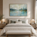 Abstract Expressionist landscapes & seascapes & cityscapes oil painting showing a blue waterfront skyline with soft reflections in a blue palette, contemporary wall art.
