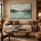 Abstract Expressionist landscapes & seascapes & cityscapes oil painting showing a blue waterfront skyline with soft reflections in a blue palette, contemporary wall art.