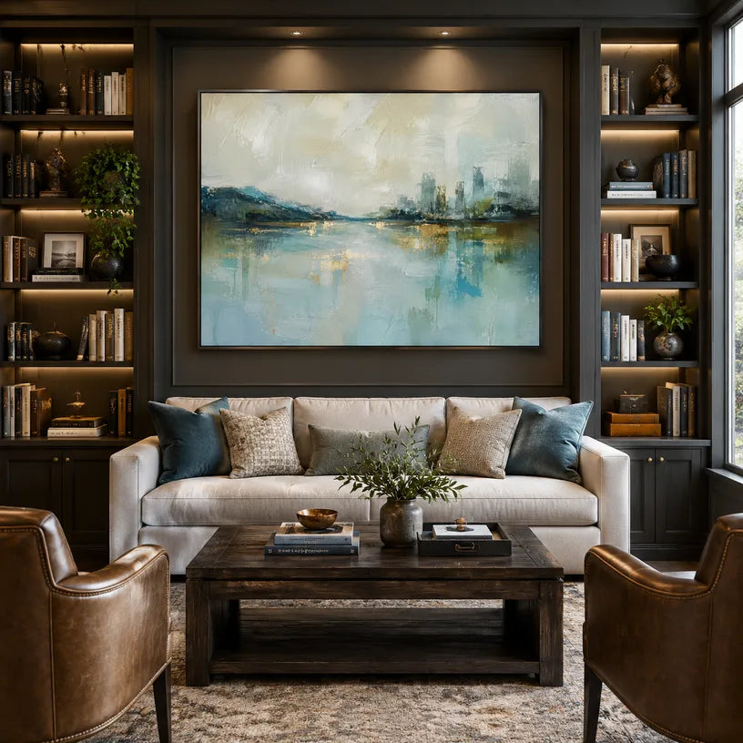 Abstract Expressionist landscapes & seascapes & cityscapes oil painting showing a blue waterfront skyline with soft reflections in a blue palette, contemporary wall art.