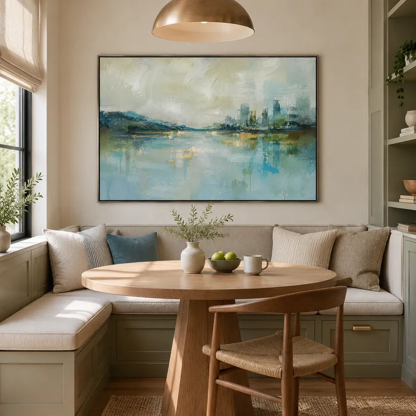 Abstract Expressionist landscapes & seascapes & cityscapes oil painting showing a blue waterfront skyline with soft reflections in a blue palette, contemporary wall art.
