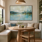 Abstract Expressionist landscapes & seascapes & cityscapes oil painting showing a blue waterfront skyline with soft reflections in a blue palette, contemporary wall art.