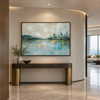 Abstract Expressionist landscapes & seascapes & cityscapes oil painting showing a blue waterfront skyline with soft reflections in a blue palette, contemporary wall art.