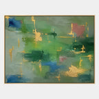 Abstract Expressionist abstract oil painting showing layered abstract marks, texture and expressive painterly movement in a green palette.