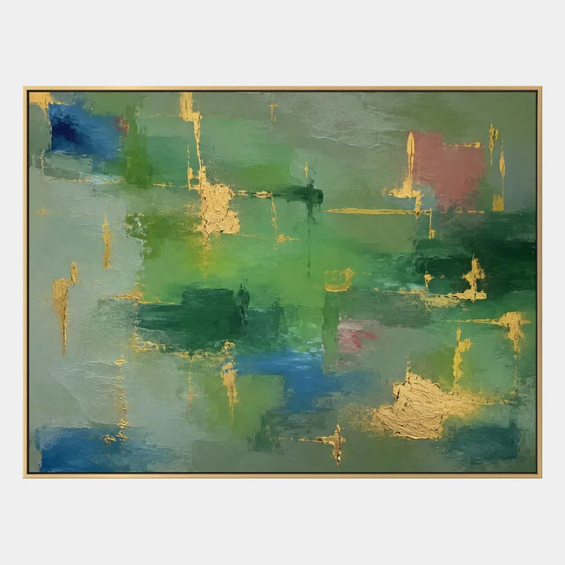 Espressionismo astratto Pittura a olio astratta e concettuale con segni astratti stratificati, consistenza e movimento pittorico espressivo in una tavolozza verde.