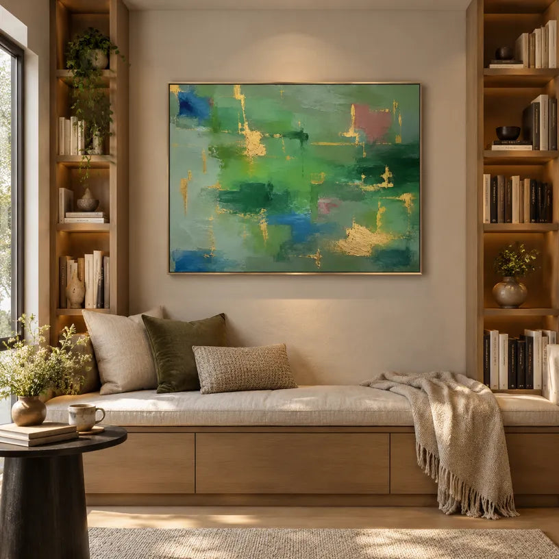 Abstract Expressionist abstract oil painting showing layered abstract marks, texture and expressive painterly movement in a green palette.