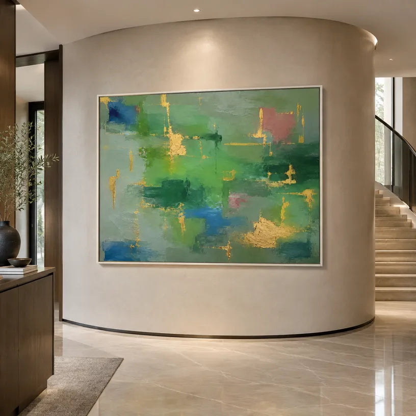 Abstract Expressionist abstract oil painting showing layered abstract marks, texture and expressive painterly movement in a green palette.