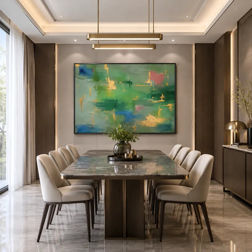 Abstract Expressionist abstract oil painting showing layered abstract marks, texture and expressive painterly movement in a green palette.