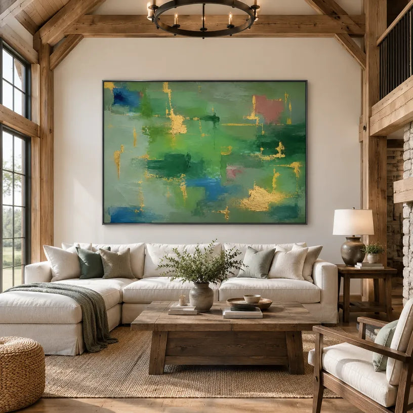 Abstract Expressionist abstract oil painting showing layered abstract marks, texture and expressive painterly movement in a green palette.