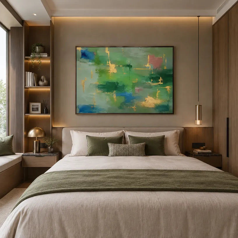 Abstract Expressionist abstract oil painting showing layered abstract marks, texture and expressive painterly movement in a green palette.