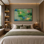 Abstract Expressionist abstract oil painting showing layered abstract marks, texture and expressive painterly movement in a green palette.