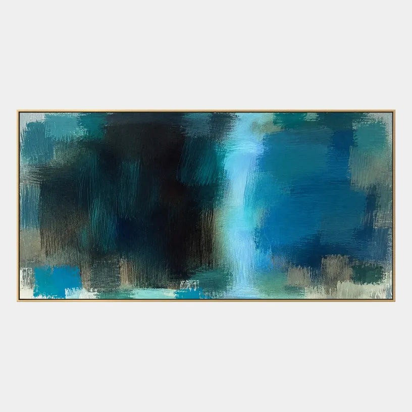 Abstract Expressionist abstract oil painting showing layered abstract marks, texture and expressive painterly movement in a blue palette.