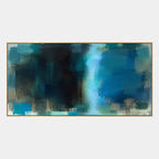 Abstract Expressionist abstract oil painting showing layered abstract marks, texture and expressive painterly movement in a blue palette.