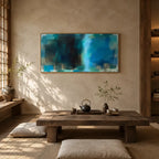 Abstract Expressionist abstract oil painting showing layered abstract marks, texture and expressive painterly movement in a blue palette.