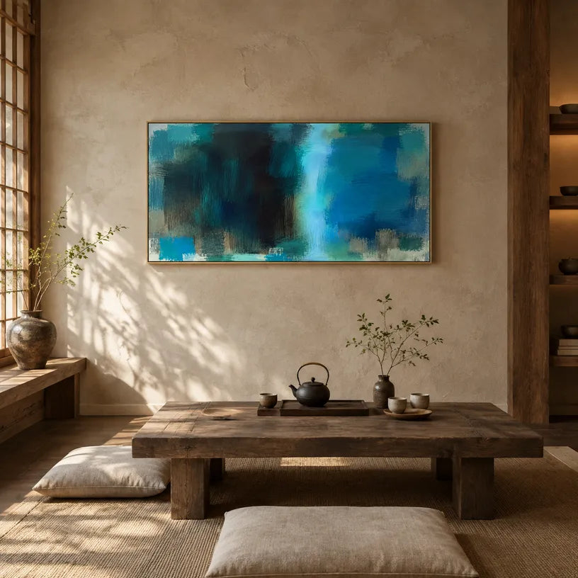 Abstract Expressionist abstract oil painting showing layered abstract marks, texture and expressive painterly movement in a blue palette.
