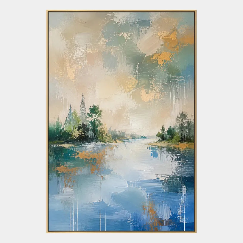 Abstract Expressionist landscapes & seascapes & cityscapes oil painting showing a green shoreline and quiet lake beneath open sky in a green palette, contemporary wall art.