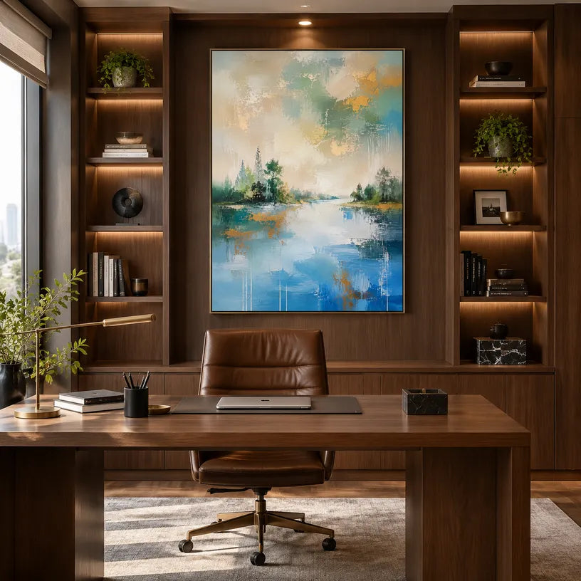Abstract Expressionist landscapes & seascapes & cityscapes oil painting showing a green shoreline and quiet lake beneath open sky in a green palette, contemporary wall art.