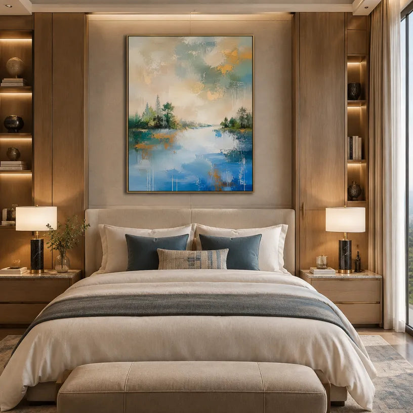 Abstract Expressionist landscapes & seascapes & cityscapes oil painting showing a green shoreline and quiet lake beneath open sky in a green palette, contemporary wall art.