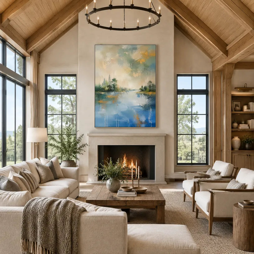 Abstract Expressionist landscapes & seascapes & cityscapes oil painting showing a green shoreline and quiet lake beneath open sky in a green palette, contemporary wall art.