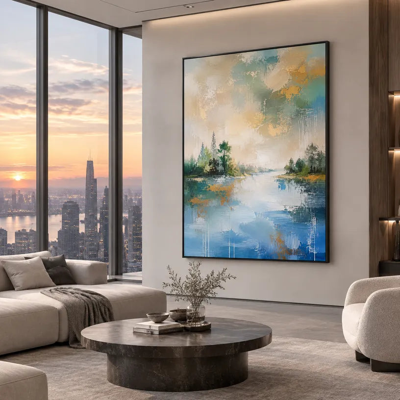 Abstract Expressionist landscapes & seascapes & cityscapes oil painting showing a green shoreline and quiet lake beneath open sky in a green palette, contemporary wall art.