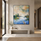 Abstract Expressionist landscapes & seascapes & cityscapes oil painting showing a green shoreline and quiet lake beneath open sky in a green palette, contemporary wall art.