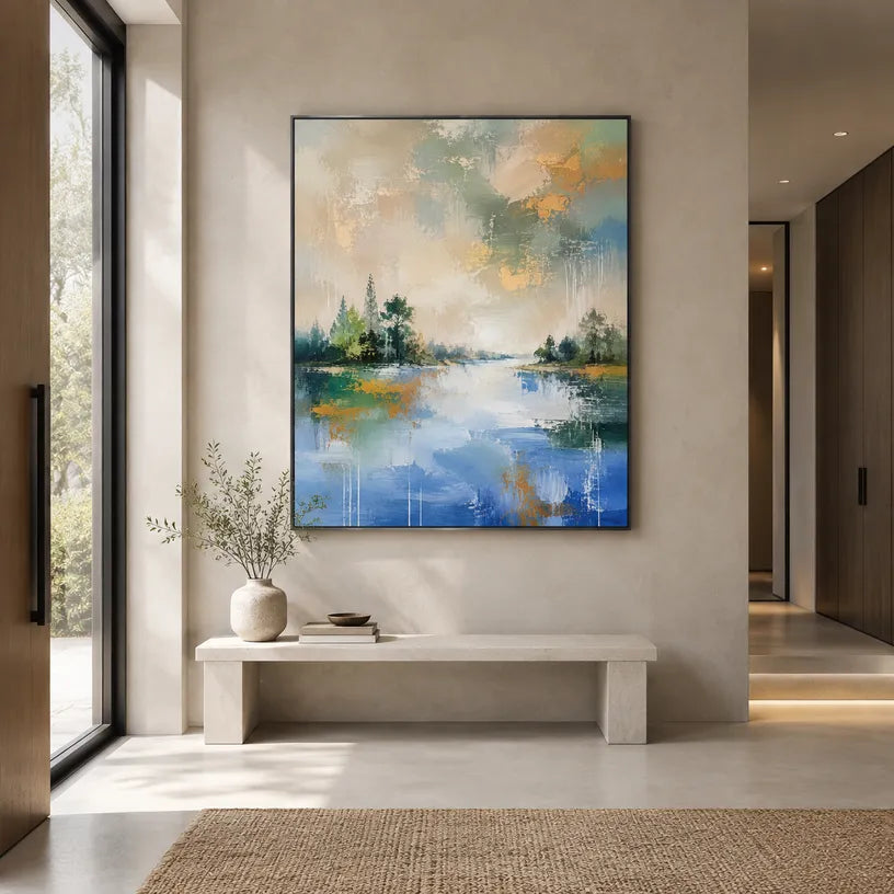 Abstract Expressionist landscapes & seascapes & cityscapes oil painting showing a green shoreline and quiet lake beneath open sky in a green palette, contemporary wall art.