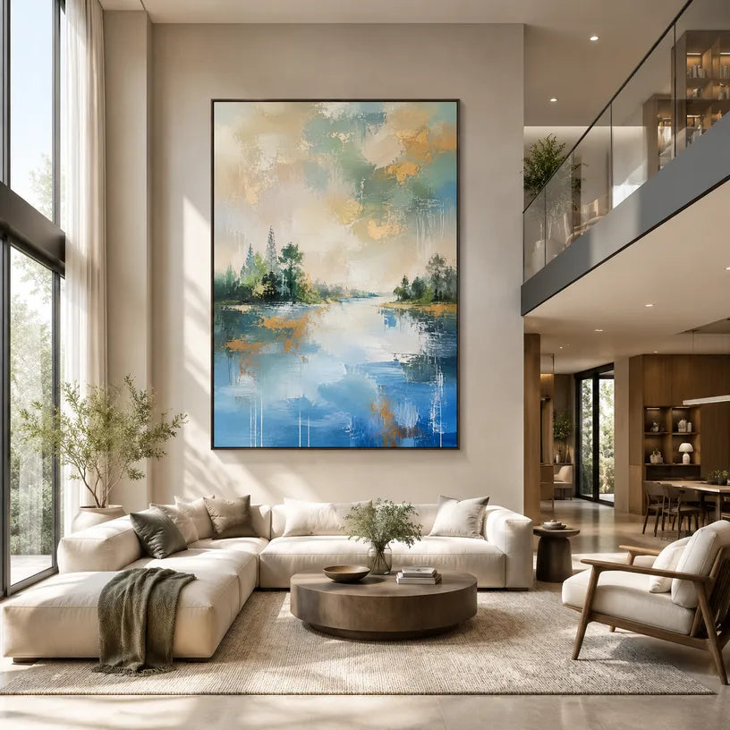 Abstract Expressionist landscapes & seascapes & cityscapes oil painting showing a green shoreline and quiet lake beneath open sky in a green palette, contemporary wall art.